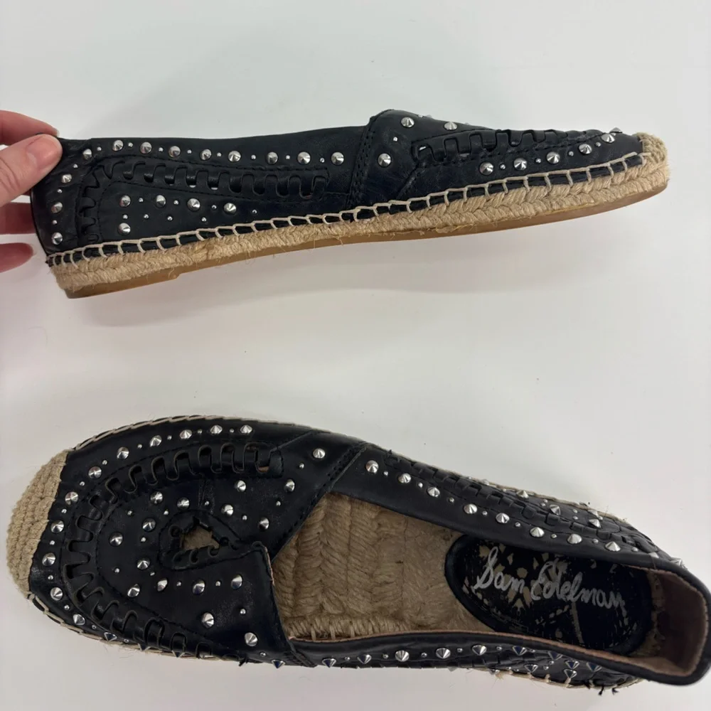 Sam Edelman Liam studded espadrille flats 8.5 runs big black leather silver